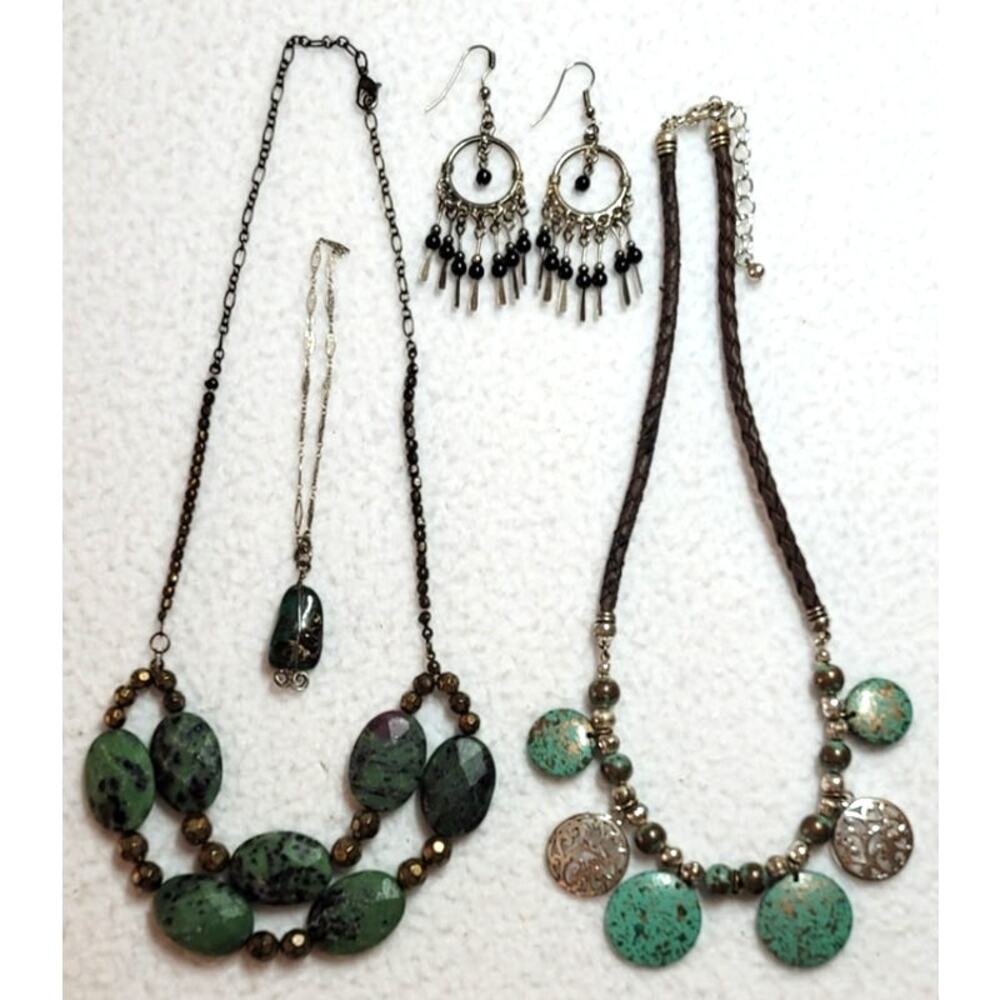 Southwest Boho Necklace Earrings Bracelet 4 Pc Lot Faux Turquoise Green Bronze - Picture 11 of 12